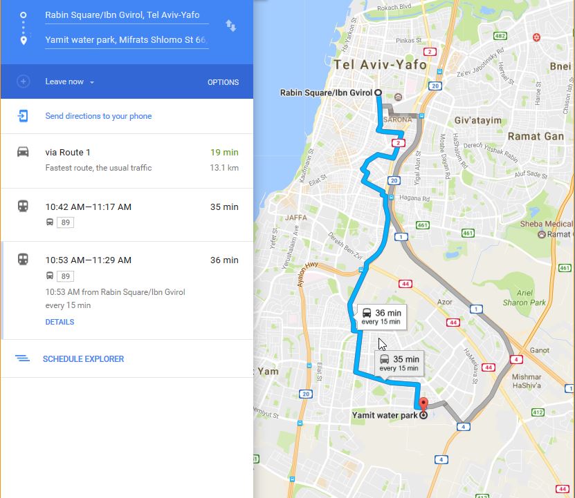 from rabin square to yamit water park route